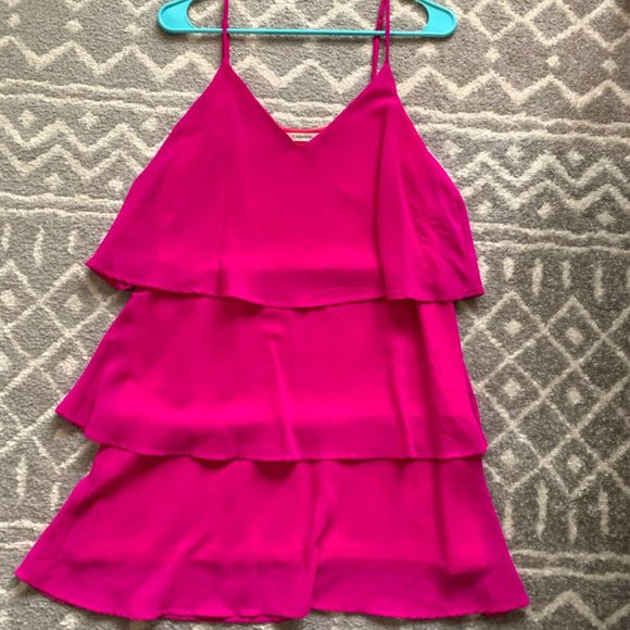Tiered Ruffle Mini Dress in Fuchsia - Picture 1 of 3
